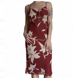 Vintage Y2K Burgundy Floral Midi Slip Dress Size S cocktail wedding guest